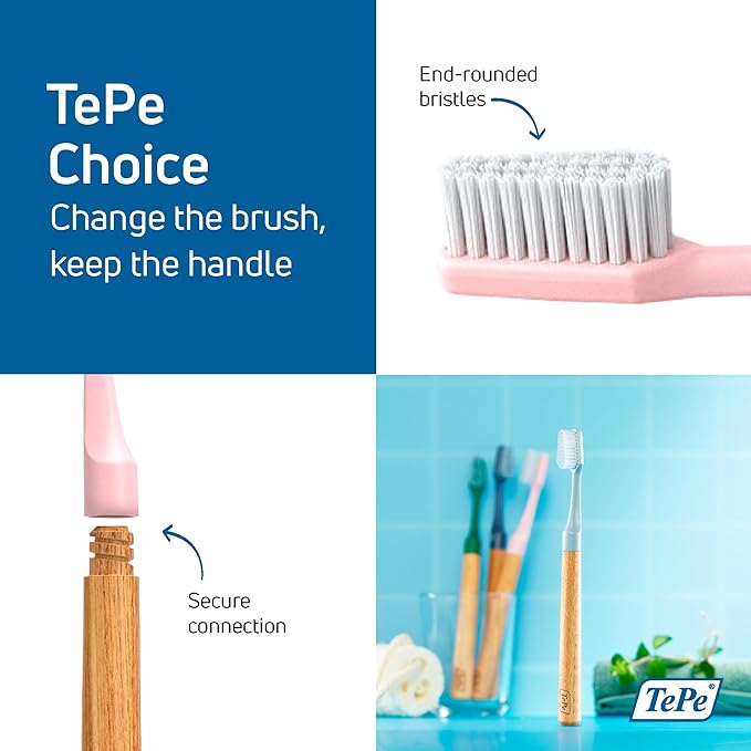 TePe Choice Toothbrush, Soft, Pink, 1pc Wooden Handle 3pcs Brush Heads, Soft Bristle Toothbrush, Good for Teeth Cleaning and Plaque Removal