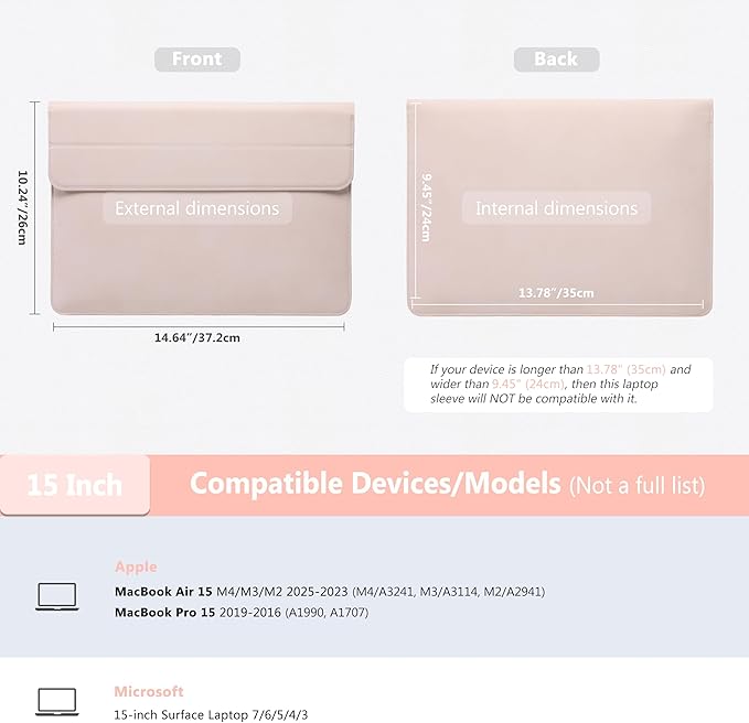 HYZUO 15 Inch Laptop Sleeve Case with Stand for MacBook Air 15 M4 A3241 M3 A3114 M2 A2941 2025-2023, 15" Surface Laptop 7/6/5/4, MacBook Pro 15 A1990 A1707 2019-2016, with Pouch, Apricot