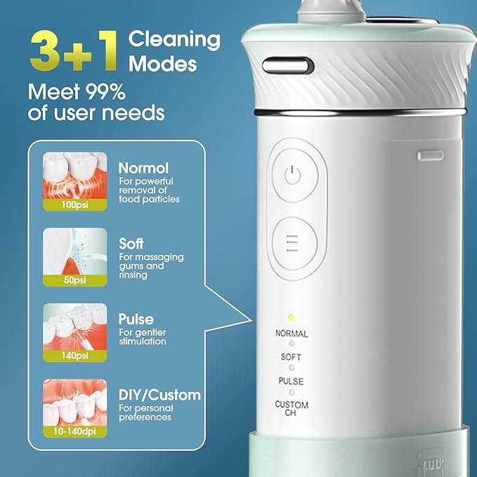 HANGSUN Water Flossers for Teeth, Cordless Compact Travel - Deep Plaque Removal, 30 Days Battery, 3+1 Modes (DIY 8 Levels), 6 Nozzles for Braces/Sensitive Gums, IPX7, 180ml Collapsible Tank, Green