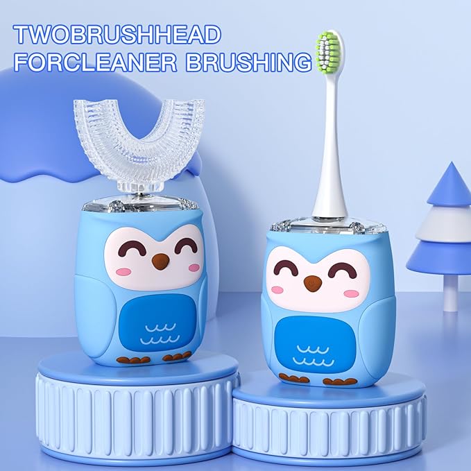 Kids Electric U Shaped Toothbrush Kids Sonic Toothbrush with 4 Soft Brush Head Automatic Full Mouth 6 Cleaning Mode-(Age2-7 Blue)