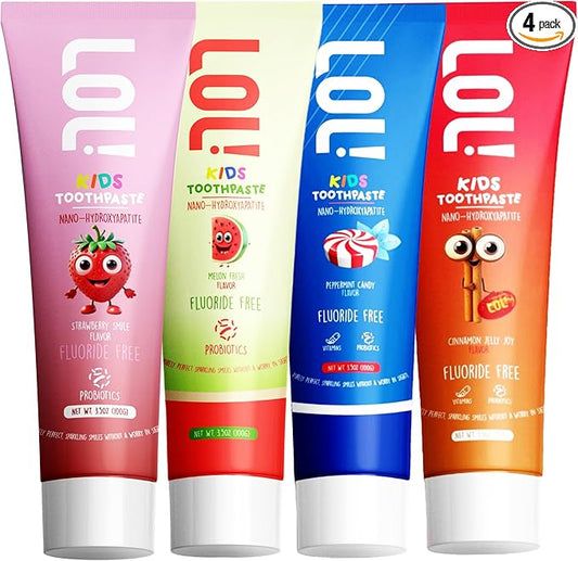 LOL Kids Toothpaste | Fluoride Free 4-Flavors Pack | Nano Hydroxyapatite Toothpaste, Probiotics, Vitamins A, C, E | Safe if Swallowed, No SLS | 1 Strawberry, 1 Melon Flavor, 1 Peppermint, 1 Cinnamon