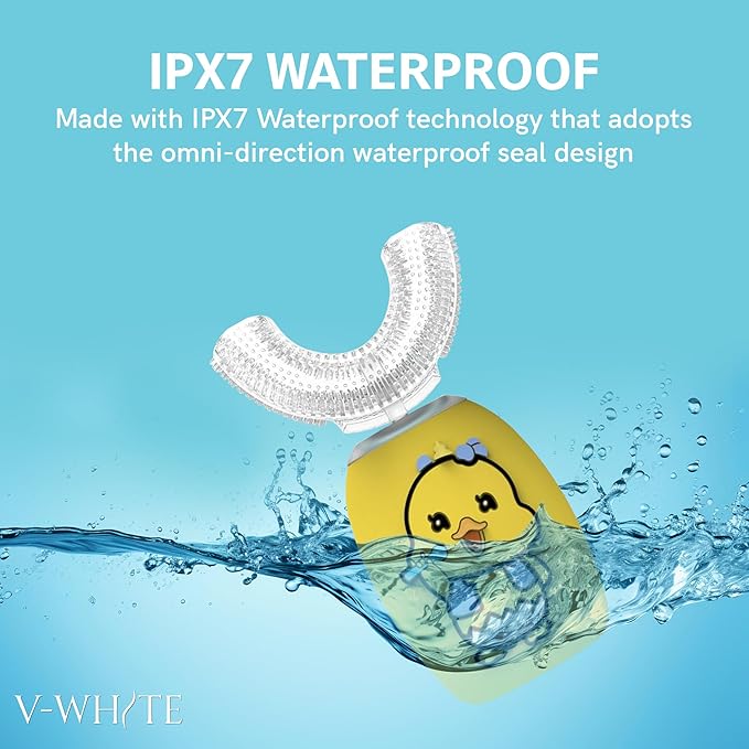 V-WHITE Ultrasonic U-Shaped Toothbrush For Teeth Whitening, Electric Toothbrush - 360° Mouth Cleansing, Hands Free Gums Protection - Wireless Charging - Waterproof IPX7 Certified (YELLOW - KIDS, KIDS)