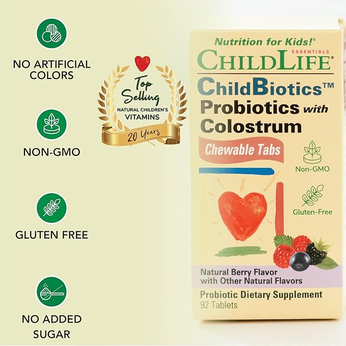 CHILDLIFE ESSENTIALS ChildBiotics with Colostrum- Probiotics for Kids, Probiotics for Digestive Health, Chewables, Children's Probiotic, Colostrum for Kids, Gluten Free - Natural Berry, 92 Tablets