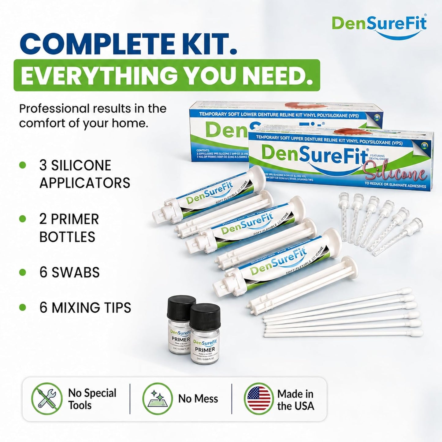 DenSureFit Upper and Lower Denture Reline Kit, Soft Silicone Denture Reliner Repair and Care Combo Kit with Extra Comfort Liner, Refit and Tighten for a Secure, Comfortable Fit