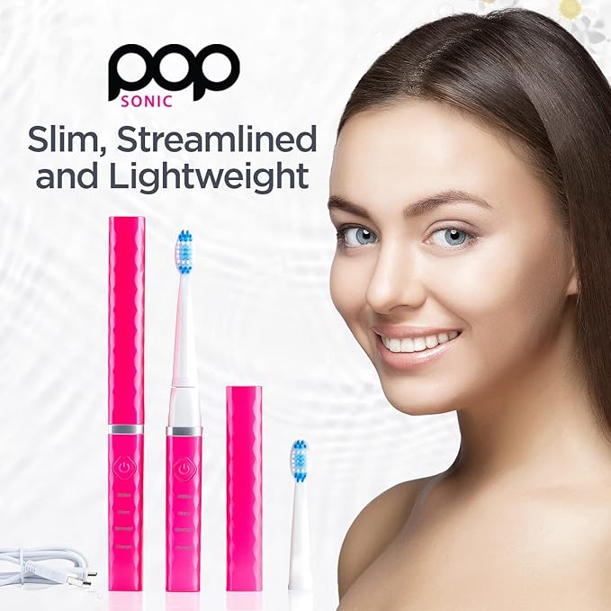 Pop Sonic USB Charge Anywhere Toothbrush (Pink) - Rechargeable Toothbrush w/Up to 40,000 Brush Strokes/Minute -Long-Lasting Dupont Nylon Bristles -Teens & Adult with Quadrant Pacer