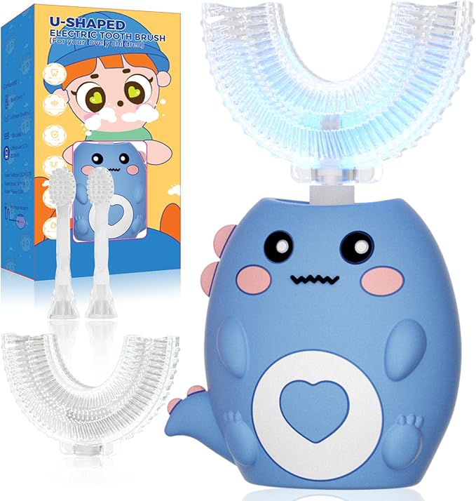Kids U Shaped Electric Toothbrush, with 3 Cleaning Modes, with 4 Brush Heads, 360° Sonic Automatic Toothbrush, IPX7 Waterproof Cartoon Dinosaur Design (Ages 2-12)