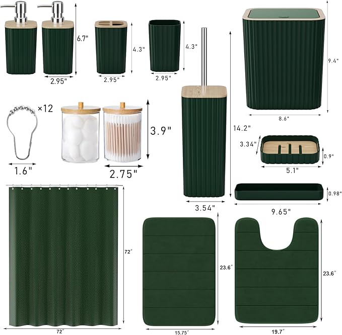 Bathroom Accessories Set - 25PC Green Bathroom Set, Bathroom Set with Shower Curtain and Rugs, Green Shower Curtain Set, Toilet Brush, Bathroom Trash Can