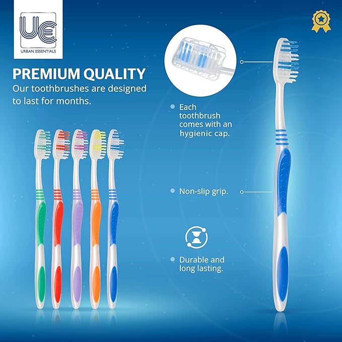 Urban Essentials Bulk Toothbrush Package with Covers | Premium Quality Individually Wrapped Colorful Tooth Brushes | Medium Soft Toothbrush Hygienic Cap for Donations, Travel, Hotels (250 Pack)