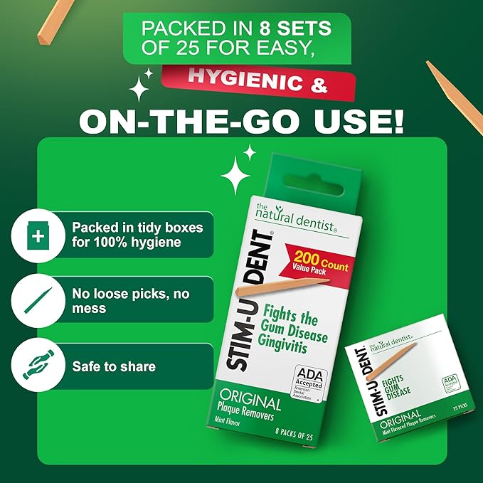 The Natural Dentist Stim-U-Dent Mint Dental Picks, Wooden Toothpicks for Food & Plaque Removal, Refreshing Mint Flavor, Travel-Friendly, 72 Packs of 25 Picks/Pack (600 Picks)
