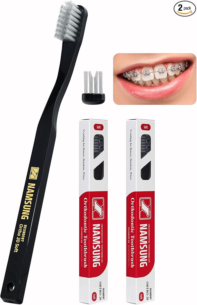 Orthodontic Toothbrush for Braces [2 Packs][Made in Korea] V Trim Cutting American Bristles Braces Toothbrush for Brackets and Wires Cleaning (Ortho Compact 20 Soft, 2 Pack)