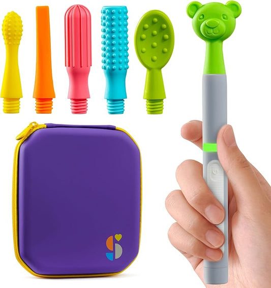 Special Supplies Buzz Buddy Oral Motor Stimulation Kit – 6 Soft Textured Heads, Gentle Vibration, Speech & Sensory Support, Grey