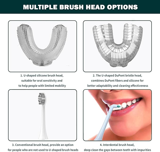 360° U-Shaped Toothbrush, Electric Toothbrushes for Adults, Multiple Brush Heads Options, Blue Light Whitening, IPX7 Waterproof, 360° Cleaning Suitable for People with Limited Mobility