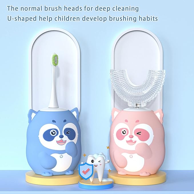 Kids Electric U Shaped Toothbrush Children Rechargeable Sonic Toothbrush with 4 Brush Heads Full Mouth 6 Cleaning Modes - (Age 2-7, Pink)