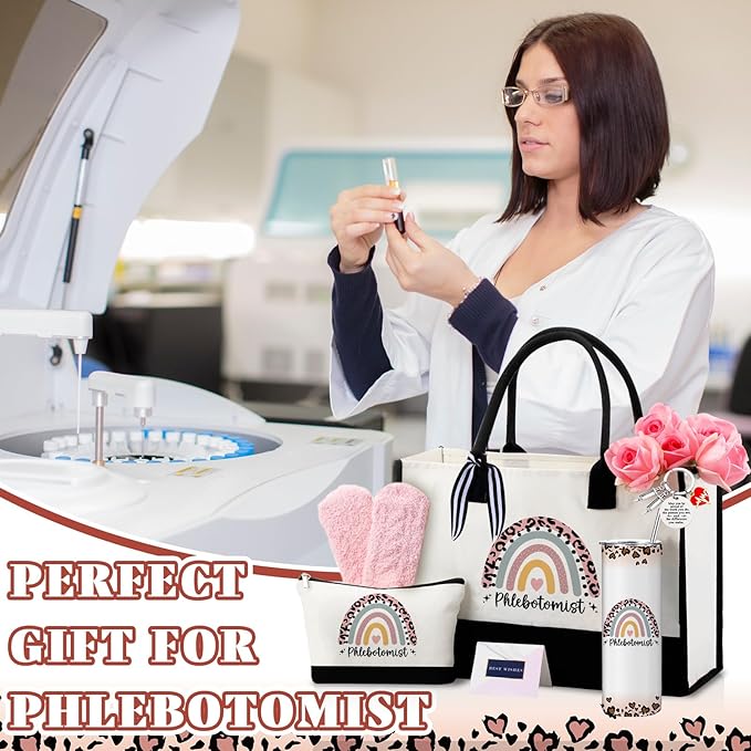 Geiserailie 8 Pcs Phlebotomist Week Gifts for Women Including Large Tote Bag Cosmetic Bags Tumbler Cup Plush Socks Metal Keychain Card and Envelope for Phlebotomist Week Thank You Gifts