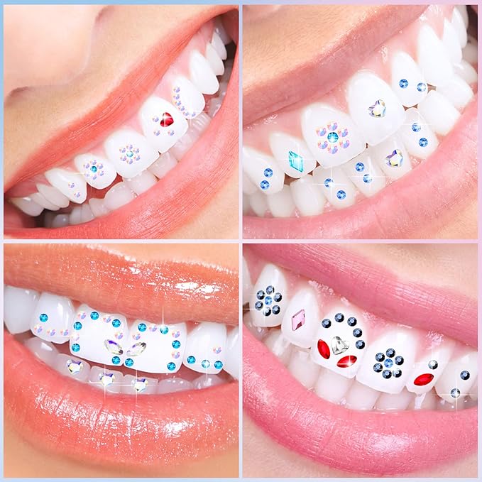 Sosation 377 Pieces Tooth Gem Kit DIY Fashionable Tooth Jewelry Kit Artificial Crystal Reflective Teeth Gems for Halloween Christmas Teeth Party Decorations Bright Style