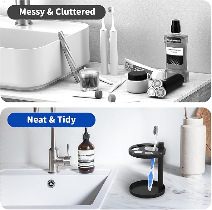 Toothbrush Holder Stand for Bathroom, Metal Stainless Steel Ventilated Organizer with Slots for Toothpaste, Electric Toothpaste,Bathroom Countertop Organizer,Footprint Base Design Black