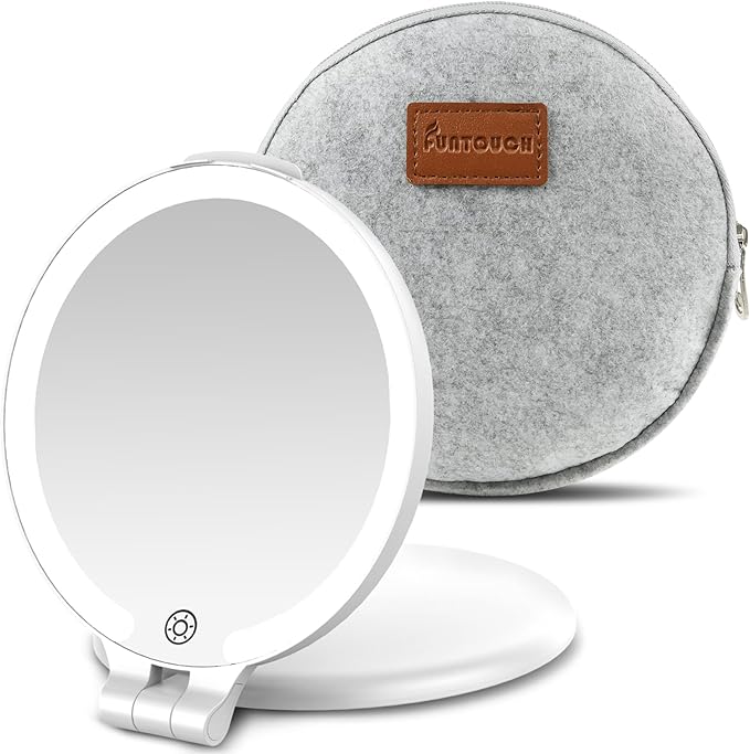 FUNTOUCH Travel Mirror with Light, 1X/10X Double Sided Magnification Makeup Vanity Mirror with 3 Color Setting, Chargeable Foldable Portable Travel Essential Vanity Mirror with Bag