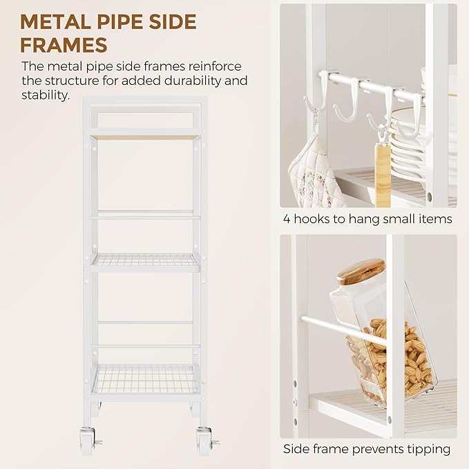 XIVIRACK 3-Tier Metal Storage Rack with Industrial Wheels,Mesh Shelving Unit with Wooden Table top,Adjustable Shelf,23.6-Inch Width,for Kitchen,Laundry,Pantry,Plant,Oak panel and white frame