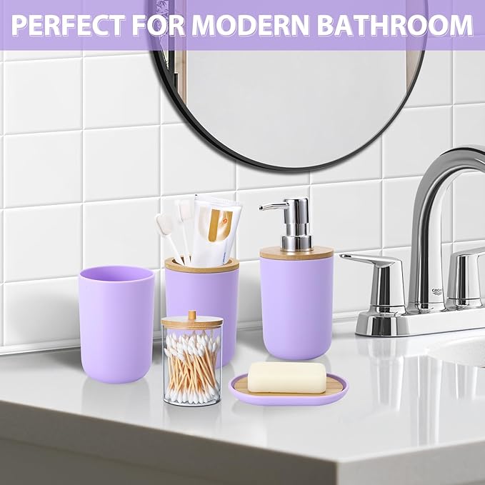 iMucci Bathroom Accessories Set 5Piece Light Purple Bathroom Sets, Toothbrush Holder, Toothbrush Cup, Lotion Soap Dispenser, Soap Dish and Qtip Holder Bathroom Decor
