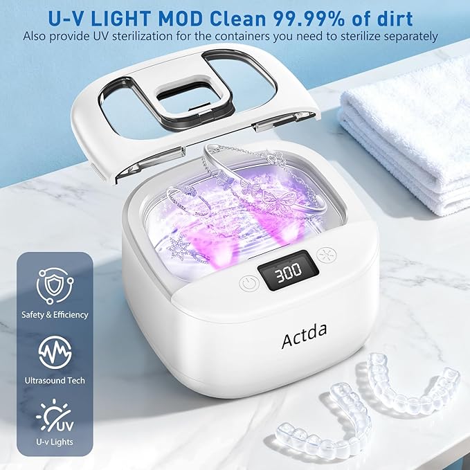 Ultrasonic Retainer Cleaner,Sonic Dental Cleaning Machine,Dental Cleaning Pod Night Guard Cleaner for Dentures, Retainers,Aligner, Mouth Guards, Jewelry Clean, Type-C Charge, 2600MAh,Waterproof.
