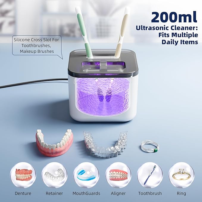Ultrasonic Retainer Cleaner Machine, Denture Cleaner, All-in-One Dental & Jewelry Cleaner for Aligners, Night Guards, Dentures, Braces, Mouth Guards, Toothbrush Heads, 45kHz, 200ML, Dual Modes