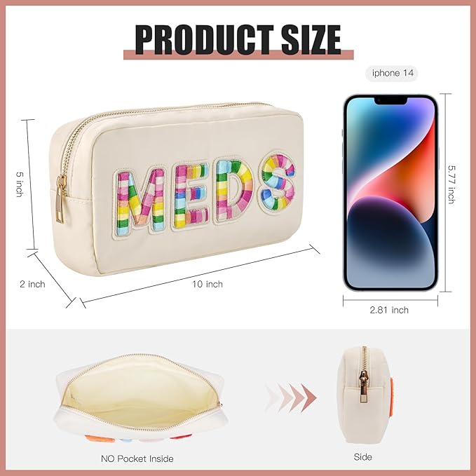 uekeboag Personalized Chenille Letter Patch MEDS Bag, Cute Nylon Drug Medicine Travel Makeup Bag with Zipper, Preppy Vitamin Organizer Bag for Women and Girls (Beige-Rainbow)