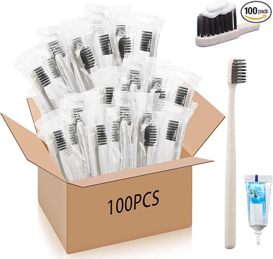 Uiifan 100 Sets Disposable Toothbrushes with Toothpaste Bulk Individually Wrapped Travel Toothbrush Kit Soft Bristle Tooth Brushes Homeless Supplies for Hotel Shelter Nursing Home Charity Donation