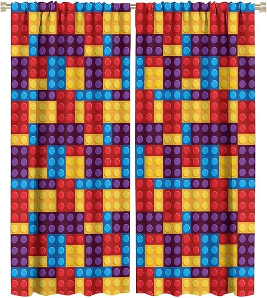 Building Block Colored Curtains, Children's Themed Curtains Collection Building Block Patchwork Cartoon Print Curtains, Light Trim 2 Panel Set Rod Pockets 42x54in