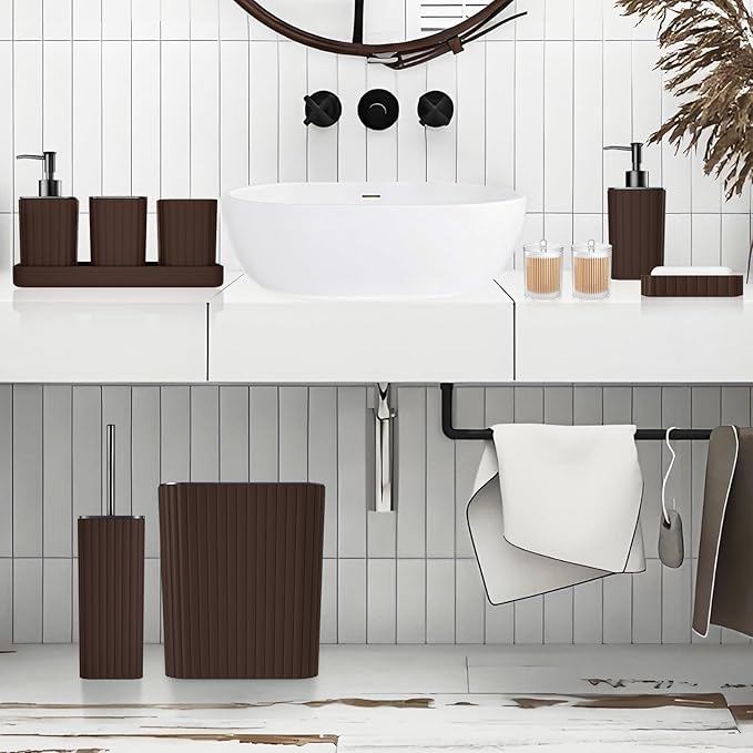 Bathroom Accessories Set - Gorgeous Bathroom Set, 10PC Brown Bathroom Accessories, Bathroom Accessory Set, Toilet Brush, Trash Can, Qtip Holder Dispenser & Soap Dispenser