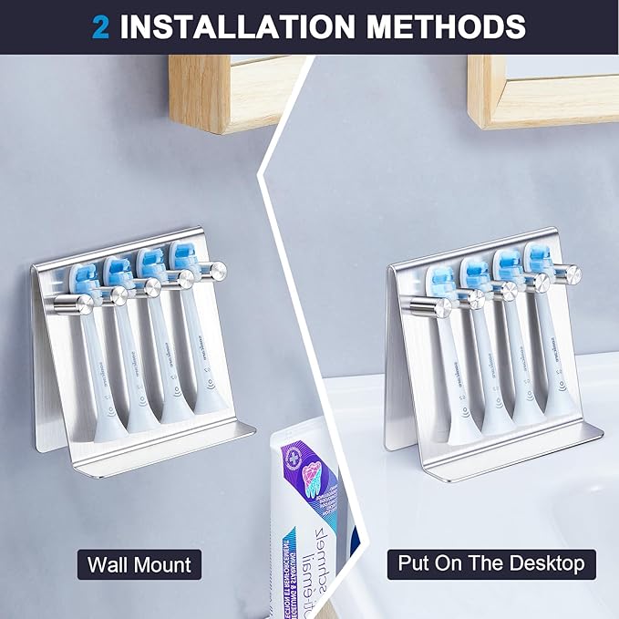 Electric Toothbrush Head Holder, Tabletop or Self Adhesive Tooth Brushing Holder, Bathroom Wall Mounted Shower Toothbrush Holders, Tooth Brush Head Storage Organiser (Silver, Large)