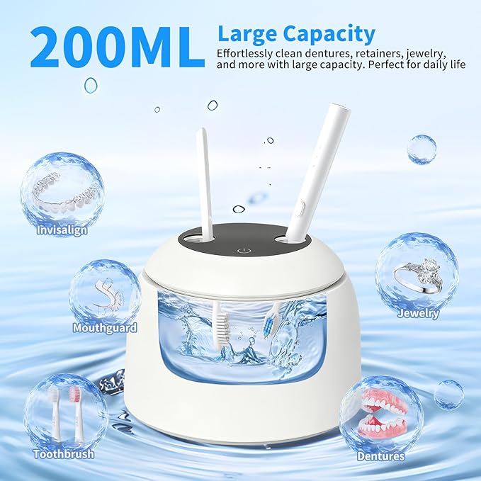 Ultrasonic Retainer Cleaner Machine, 45kHz Dental Ultrasonic Cleaner for Denture, Mouth Guard, Aligner, Braces, Toothbrush Heads, Jewelry, 5 Modes Cleaning, Digital Timer & 200ML Capacity
