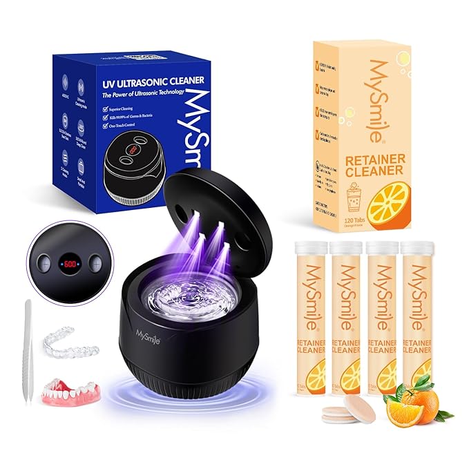 MySmile Ultrasonic Retainer Cleaner Machine with Tablets- 45kHz Black Dental Pod with 200ML Capacity and MySmile Retainer Cleaner with 120 Denture Cleaning Orange Flavor Tablets