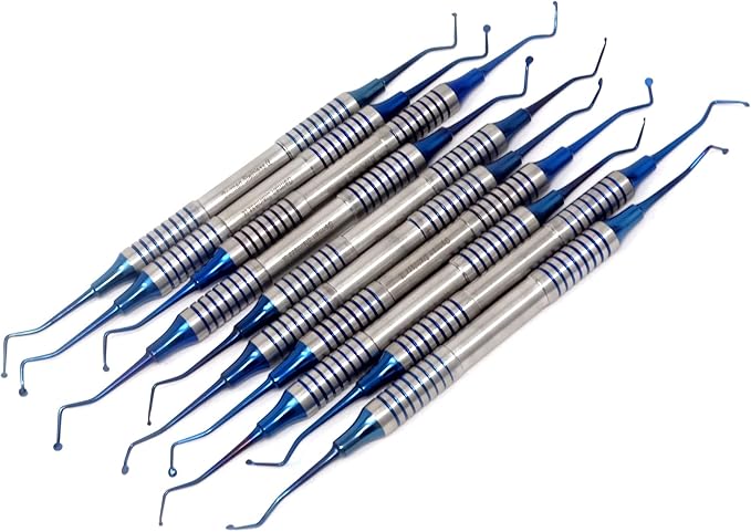 Set of 10 Dental Spoon Excavators 1MM-2.5MM Blue Titanium Coated Tips Restorative Composite Filling Tooth Cavity Carious Decay Removal Double Ended Instruments