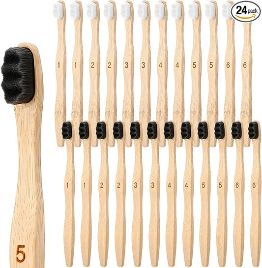 Sieral 24 Pcs Toothbrushes Extra Soft Bristles Wooden Bamboo Toothbrush 20000 Soft Natural Bristle Toothbrush for Kids Adults Home Travel Individually Wrapped (Wave Handle)