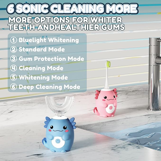 Kids Electric U Shaped Toothbrush - Axolotl Kids Rechargeable Sonic Toothbrush with 6 Brush Heads Full Mouth 6 Cleaning Modes - Age2-15 Pink
