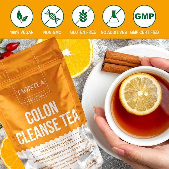 TAOISTEA Colon Cleanse Tea, Herbal Tea Blend with Senna, Peppermint, Dandelion Aloe Vera, Improve Digestive Health and Gental Gut Cleanse - 14 Bags