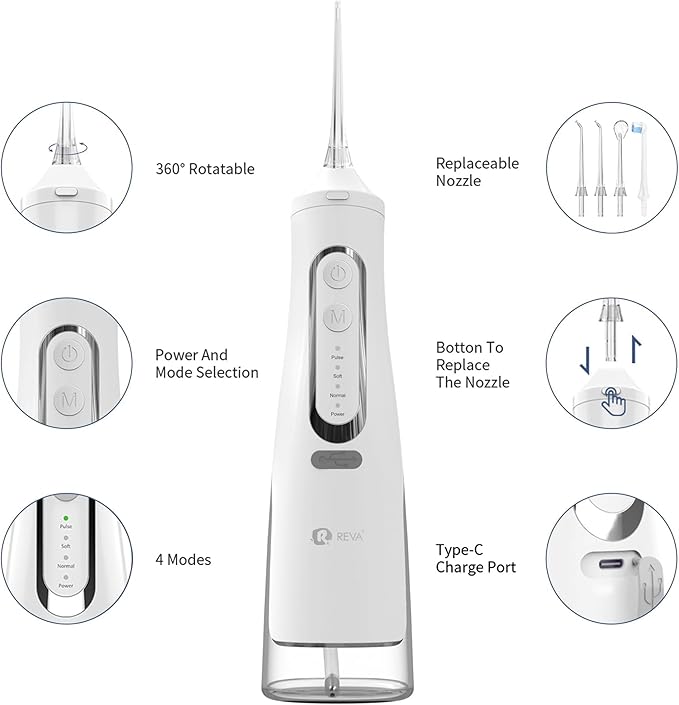Cordless Dental Water Flosser for Teeth, Gums & Braces - Electric Oral Irrigator 310ML, 4 Modes, Rechargeable, 4 Jet Tips, Smart Memory, 360° Nozzle, IPX7 Waterproof & Low Noise (M209 - White)