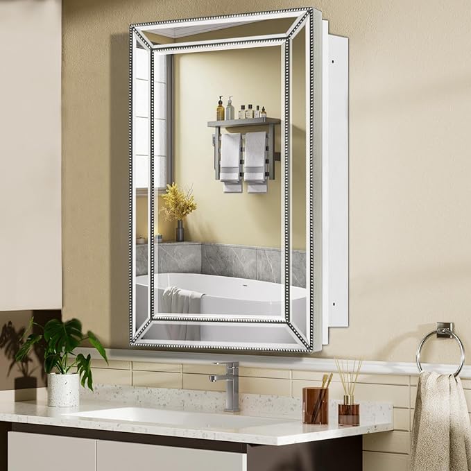 Bathroom Medicine Cabinet with Silver Metro Beaded Wooden Frame, 16x26 Inch Retro Bevel Mirror, Recessed or Surface Mount Bathroom Cabinet,Space-Saving Storage Cabinet