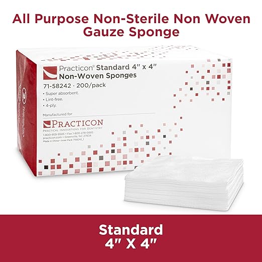 Practicon Standard 4X4 Non-Woven Gauze Sponges, Lint Free 4-Ply Gauze Pads, Non-Sterile, All Purpose for Dental, Medical, First Aid, Cleaning, Wound Care & Dressing, 1 Pack of 200 Sponges