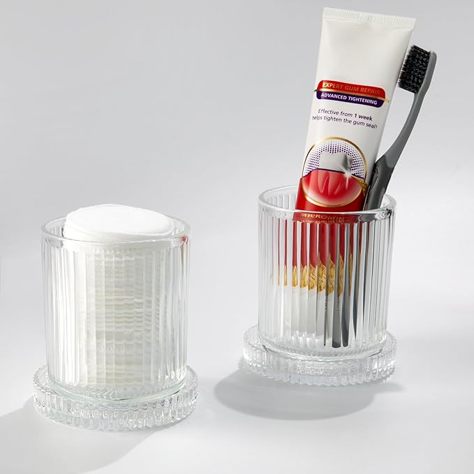 2 Pack Qtip Holder - Apothecary Jars with Lids, Bathroom Organizers and Storage Canister for Cotton Balls,Swabs,Floss Picks,Hair Ties,Clear Glass Vintage Bathroom Decor Jar Set (Clear)