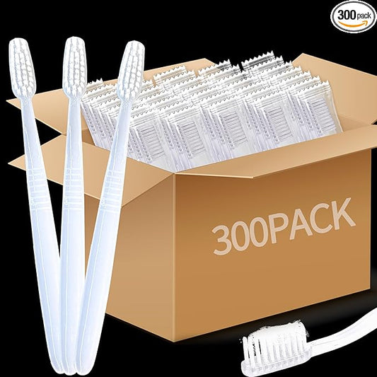 300 Pcs Prepasted Disposable Toothbrushes Bulk White Individually Wrapped Plastic Toothbrush Soft Bristle Waterless Toothbrushes for Travel Camping Homelessness School Hotel Unisex