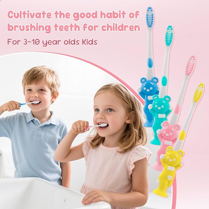 Toothbrushes for Kids In Bulk, Individually Wrapped Disposable Toothbrush Cute Manual Soft Bristles Children Toothbrush With Cover Suction Cup Toddler Toiletries Set for Home/School/Travel (100 Pack)