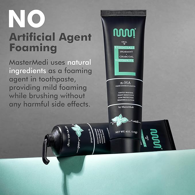 MasterMedi Nano Hydroxyapatite Toothpaste (Inspired by 10% nHA Formulas), Fluoride-Free, Charcoal Whitening, Sensitive Teeth Care, Enamel Support, SLS-Free, Xylitol, Citrus Mint, 4 Oz (Pack of 2)