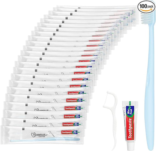 Disposable Toothbrushes with Toothpaste, Travel Toothbrush Kit, Individually Packaged, Light Blue, with Floss Picks, Suitable for Hotel, Home, Camping, Travel (100-PACK)
