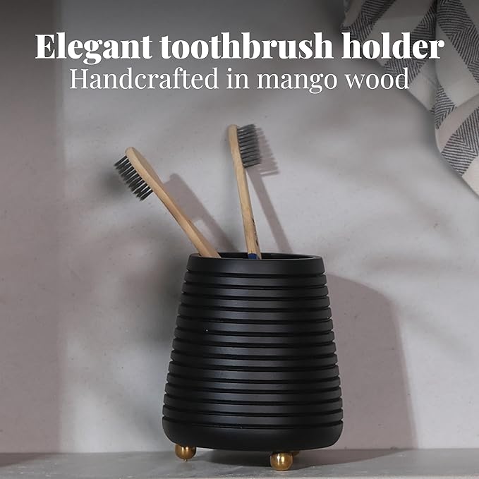Folkulture Toothbrush Holders for Bathroom or Tooth Brushing Holder, Black Toothbrush Holder, 4x3 Wood Bathroom Toothbrush Holder, Bathroom Organizers and Storage Countertop, Toothbrush Organizer