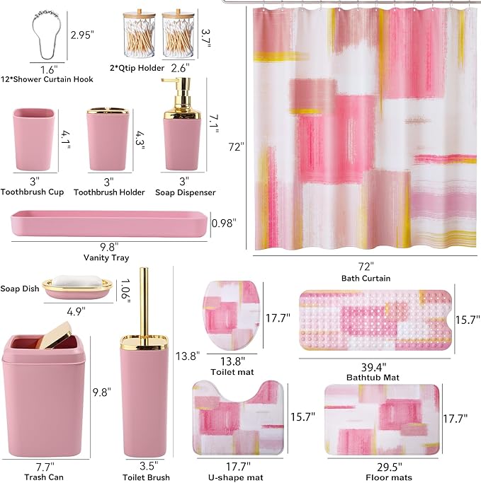 Bathroom Accessories Set - 26PCS Pink Bathroom Set, Bathroom Accessory Set with Shower Curtain and Rugs and Bathtub Mats for Home