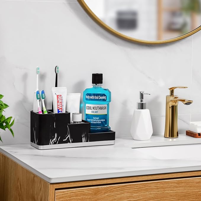VITVITI Toothbrush Holder for Bathroom, Bathroom Organizer Countertop, 5 Compartment Bathroom Accessories Storage for Toothpaste/Vanity Counter, Black Resin of Marble Color