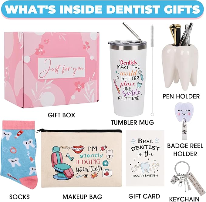 Dentist Gifts for Women Unique Dental Assistant Gifts Funny Dental Hygienist Gift Including Tumbler Mug Socks Badge Reel Holder Makeup Bag Keychain for Birthday Christmas (Dentist Women)