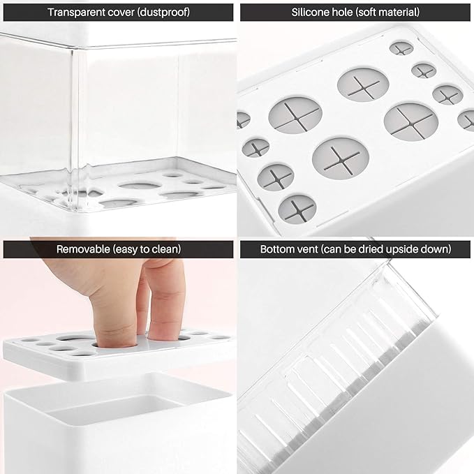 Make-Up Brush Holder,Brush Drying and Storage Box with Lid, Acrylic Makeup Brush Air Drying Rack Holder Cosmetic Brush Organizer, Waterproof Dustproof Container 12 Holes for Different Brush