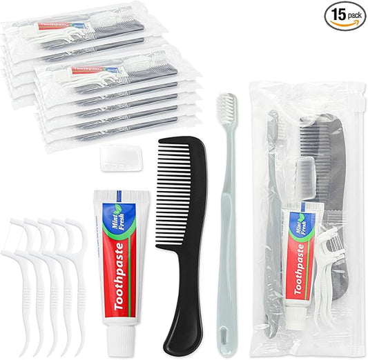 Travel Toothbrush Kit Bulk, Toothbrush Toothpaste Set, Hygiene Kit Bulk with Floss Picks, Comb, Protective Case, Individually Packaged, Suitable for Home, Travel, and Hotels (15-Pack)
